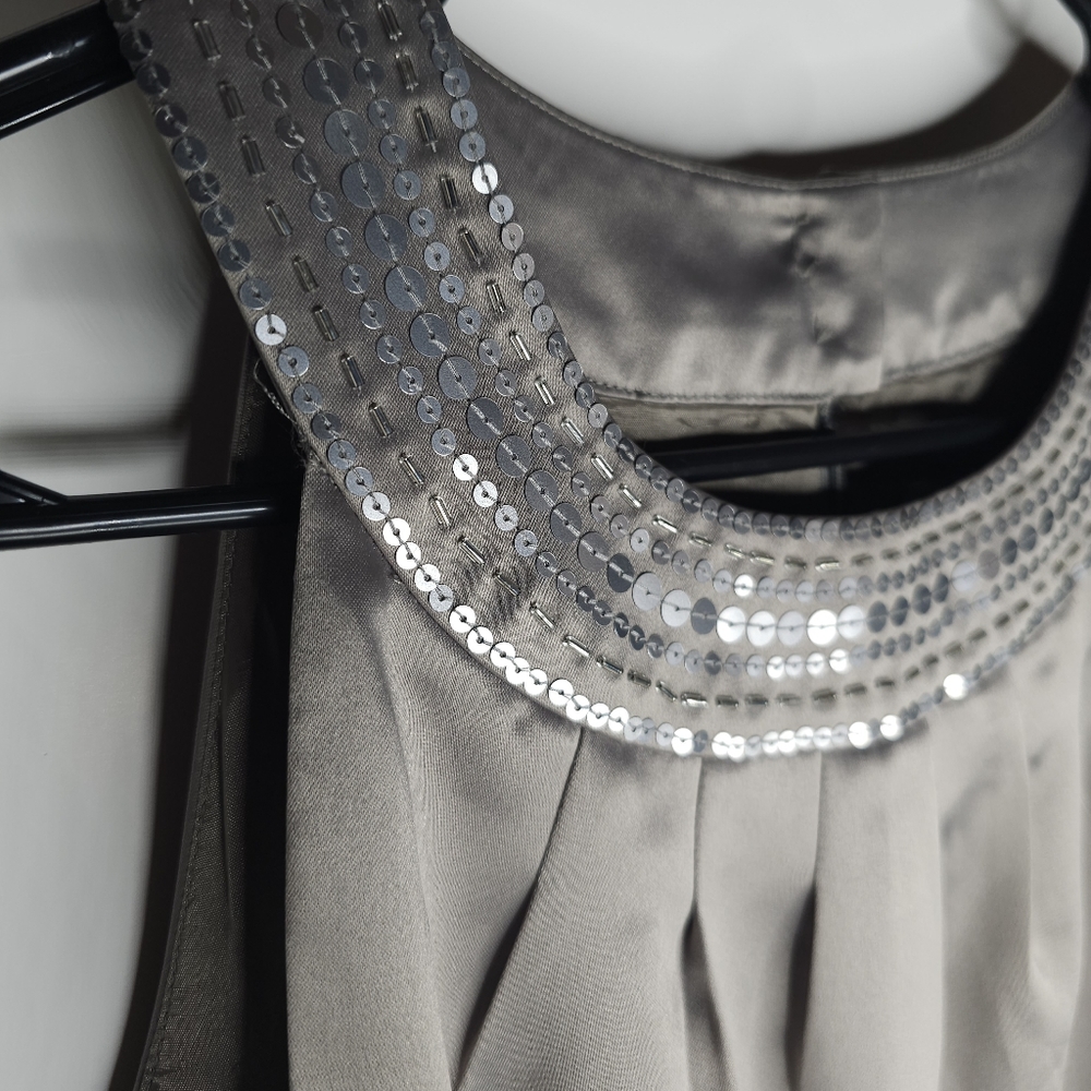 Ann Taylor Loft Dress Gray Silver Satin Shift Sequin Lined Neck Size 8